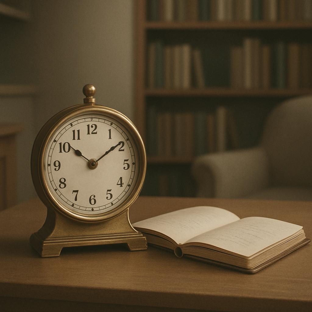 A golden clock with an open book in front sits on a wooden table, with books visible on shelves in the background.