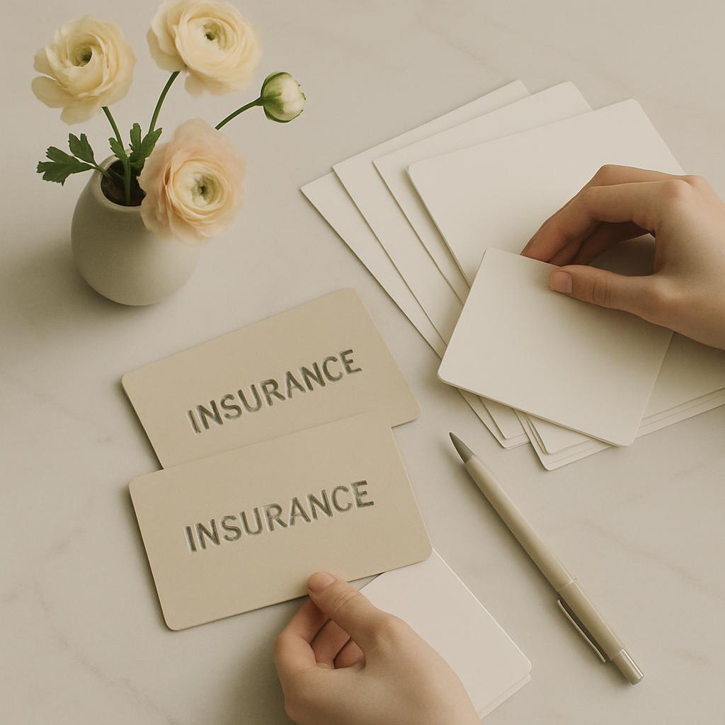 Two "insurance" cards, a pen, and a vase of flowers laid out on a white surface.