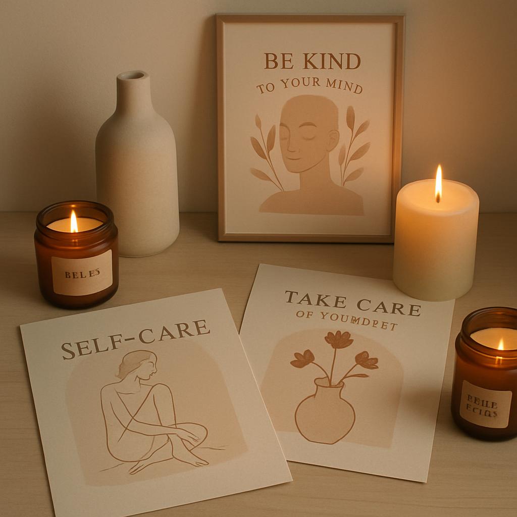 Decorative candles and artwork arranged on a minimalist wooden counter against a beige wall, illuminated by soft lighting.